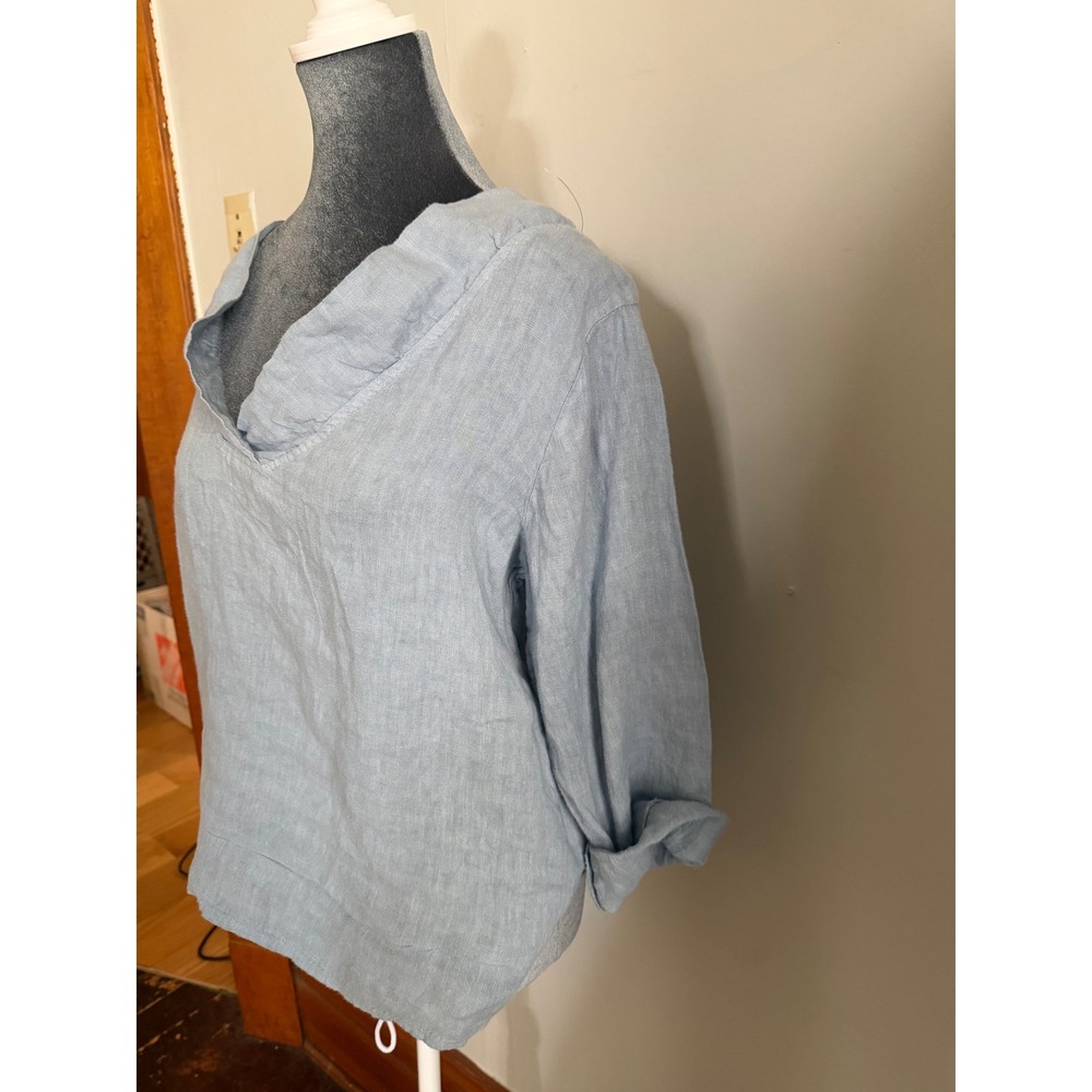 Gigi Moda Italy Blue Linen V-Neck Tunic Top Long Sleeve Lagenlook coastal beachy - Picture 5 of 10